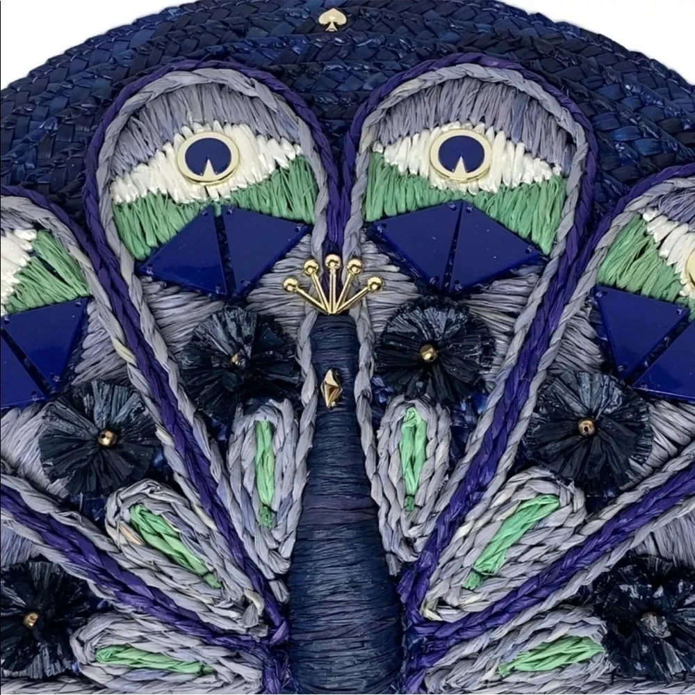 NWT Kate Spade Full Plume Embroidered Straw Peacock Clutch Peacock Wicker Bird